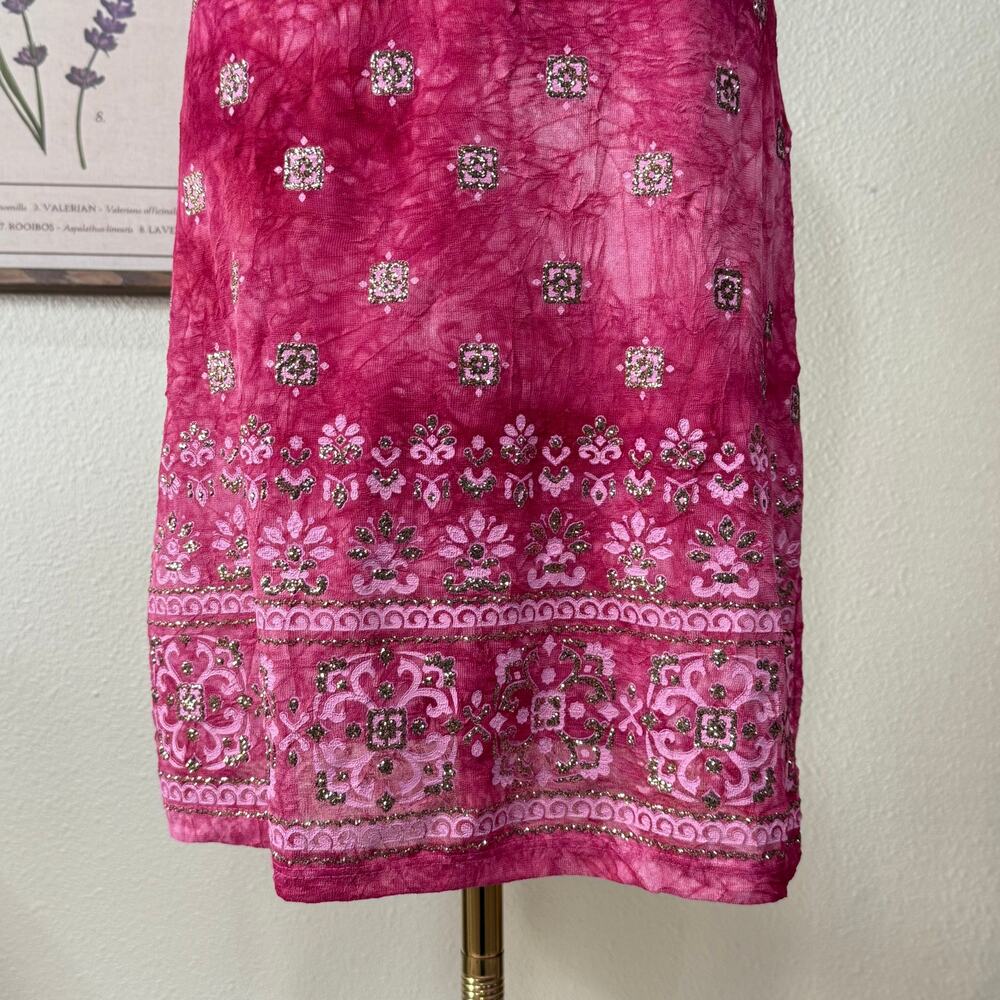 Vtg 90s Y2k Pink Mesh Gold Glitter Mini Dress Fairy Grunge Whimsy Hippie Boho S - Picture 2 of 5